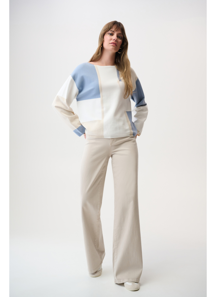 Joseph Ribkoff 261998 Pudełkowy sweter w błękitno-beżowe wzory