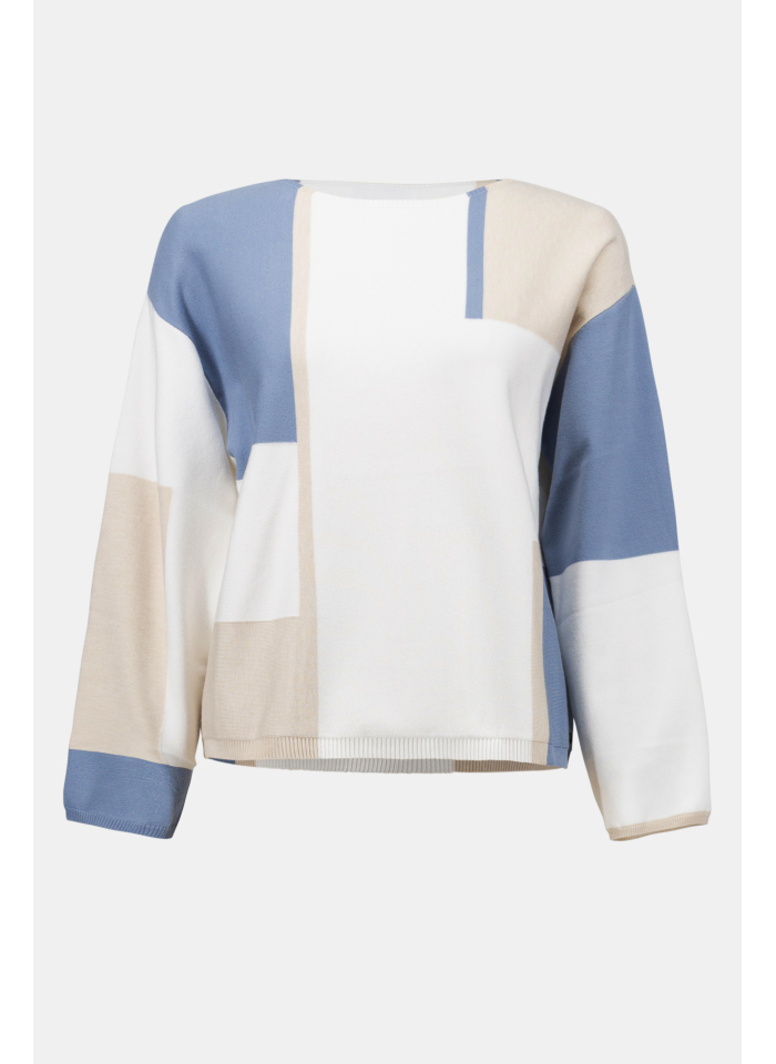 Joseph Ribkoff 261998 Pudełkowy sweter w błękitno-beżowe wzory