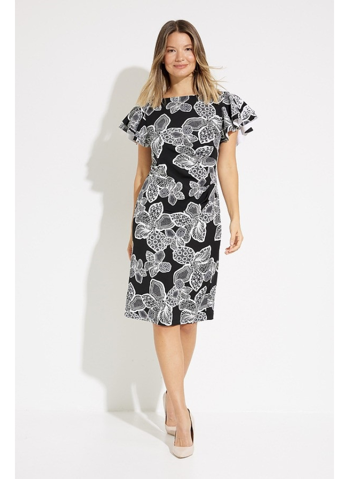 Joseph Ribkoff 231712 Czarna sukienka w biały kwiecisty wzór.