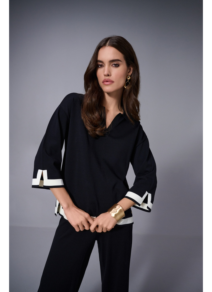 Joseph Ribkoff 253909 czarny sweter z kołnierzykiem zdobiony białą lamówką