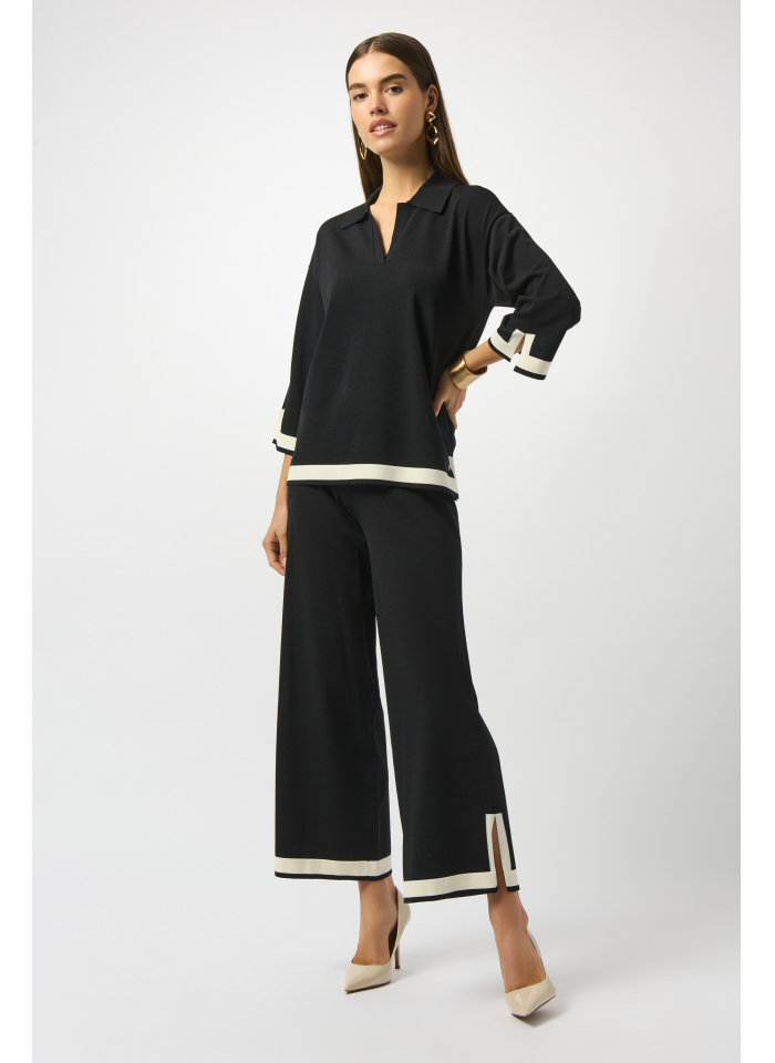 Joseph Ribkoff 253909 czarny sweter z kołnierzykiem zdobiony białą lamówką