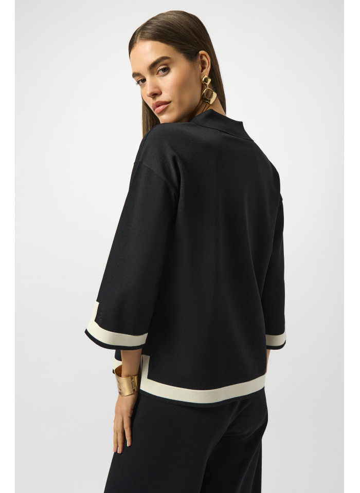 Joseph Ribkoff 253909 czarny sweter z kołnierzykiem zdobiony białą lamówką