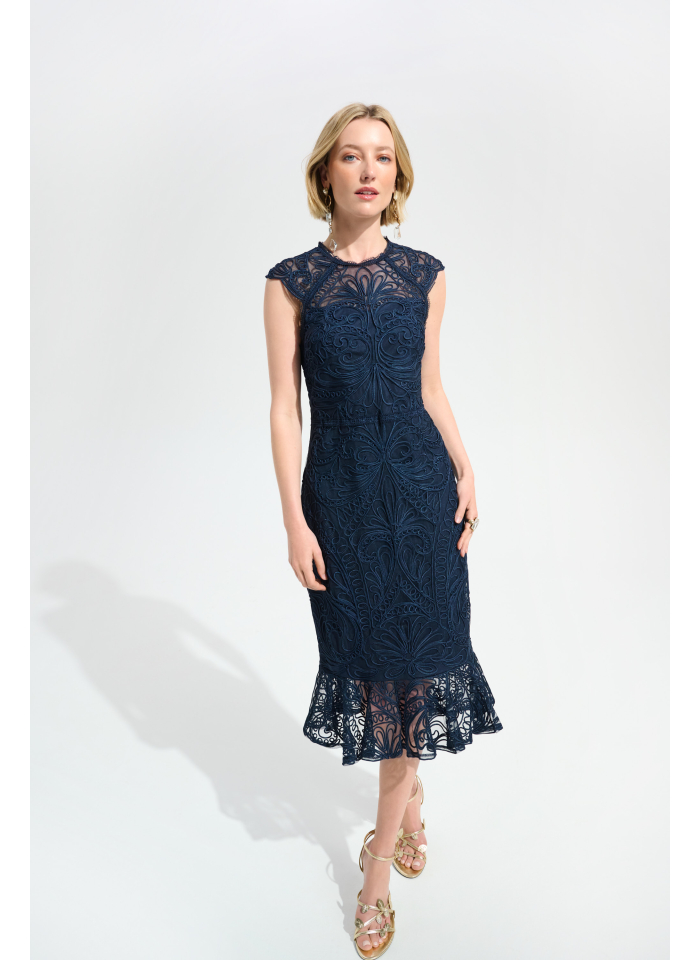Joseph Ribkoff 261740 granatowa sukienka zdobiona gipiurą