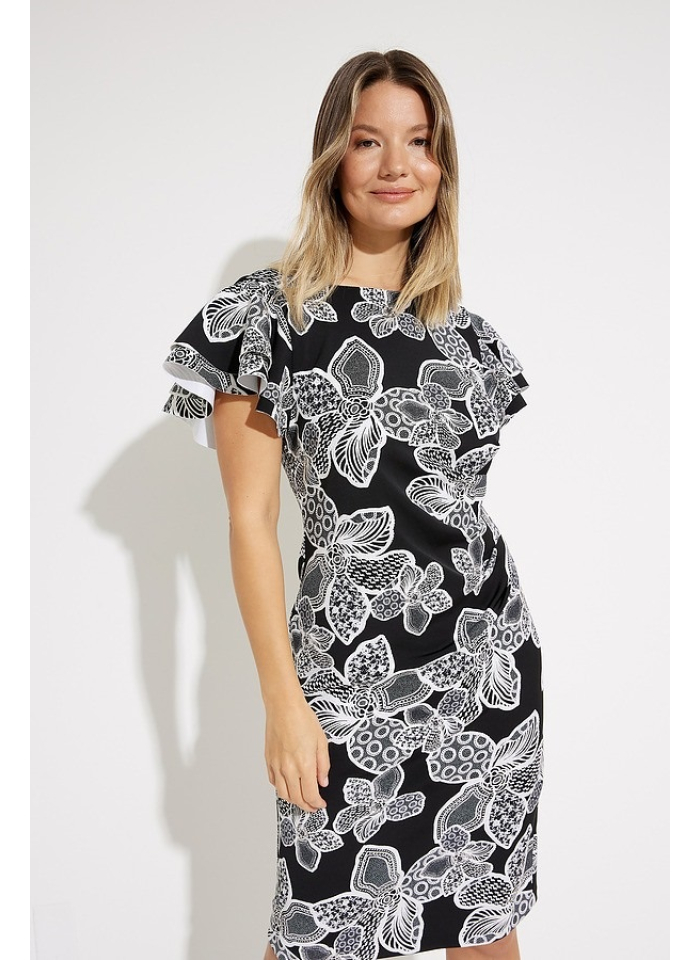Joseph Ribkoff 231712 Czarna sukienka w biały kwiecisty wzór.