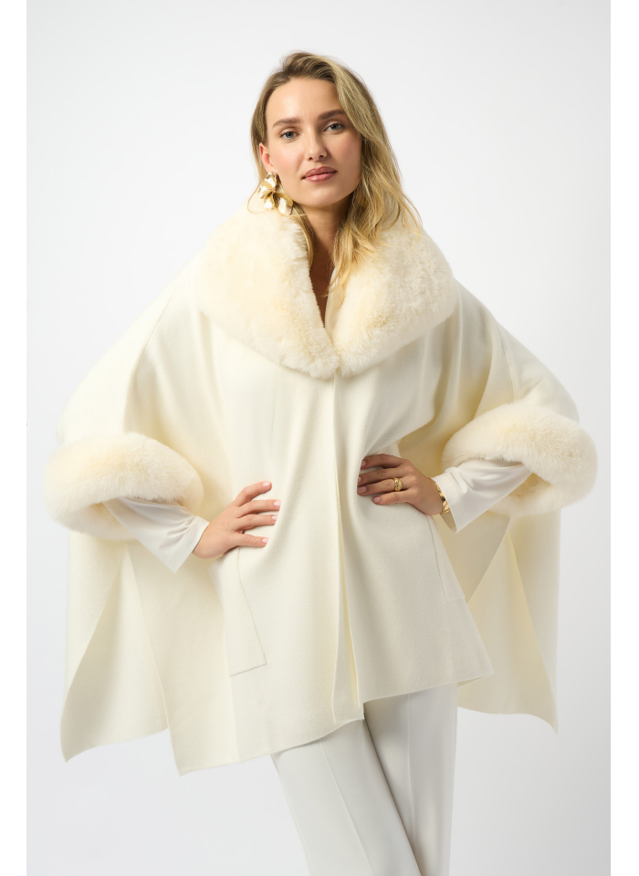 Joseph Ribkoff 243930 stylowe, kremowe ponczo z futerkiem