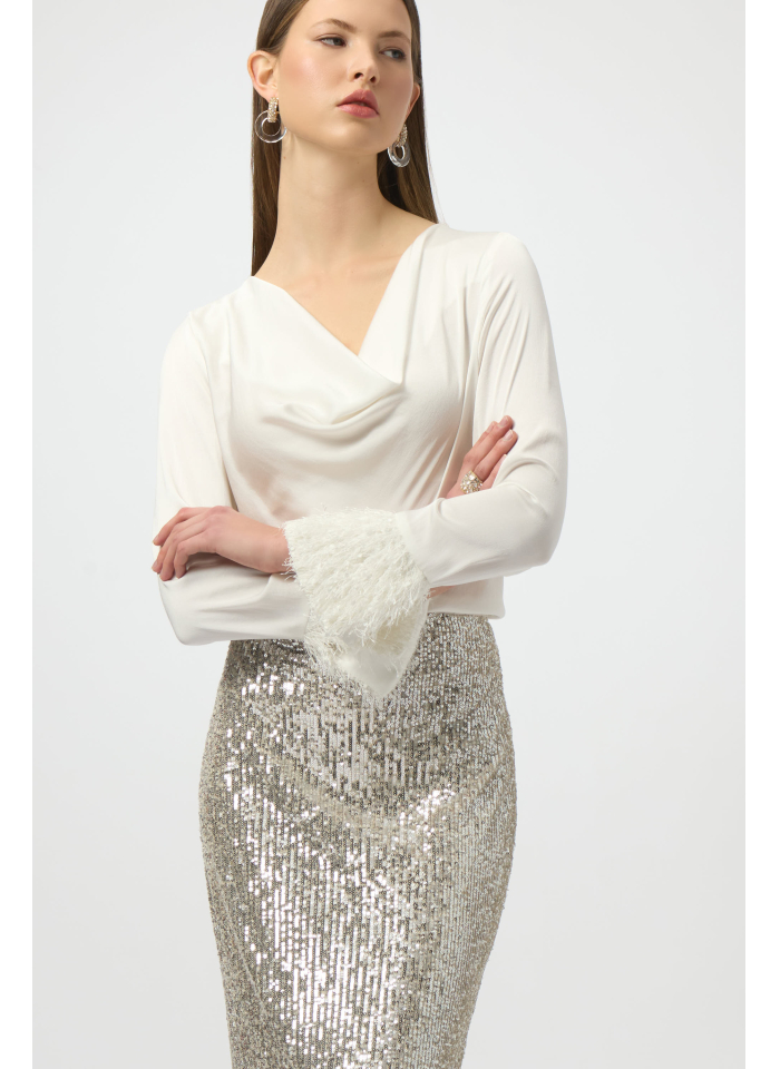 Joseph Ribkoff 254020 elegancka bluzka z rękawem zdobionym frędzelkami