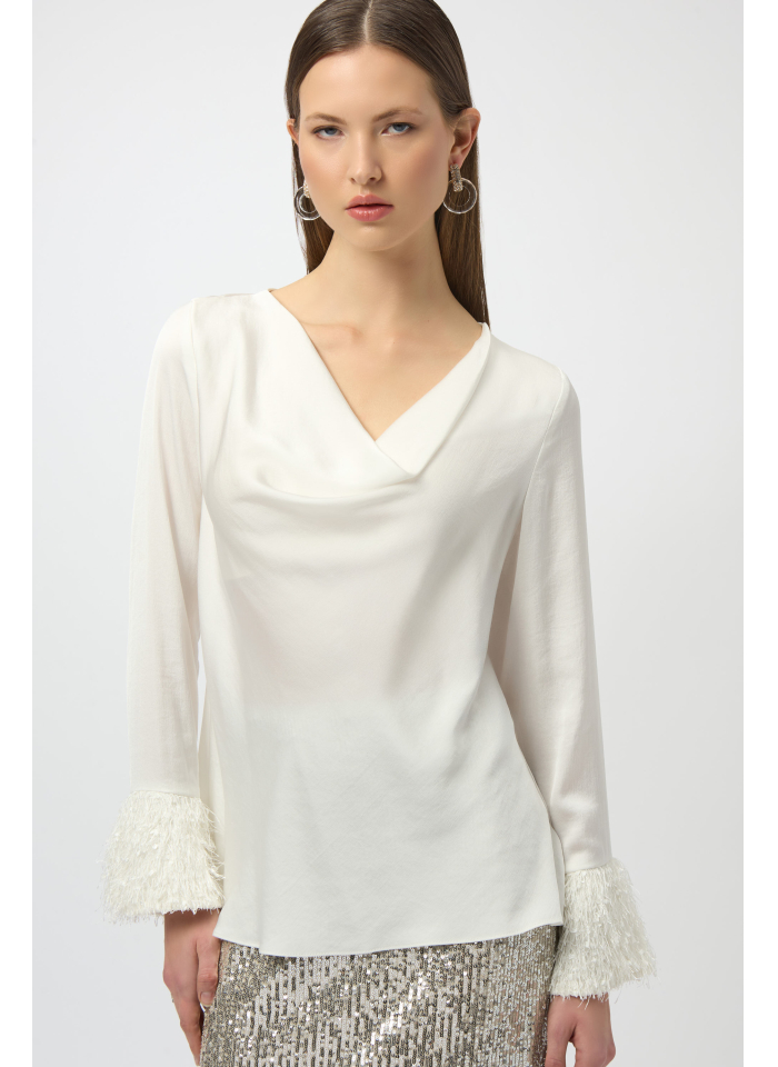 Joseph Ribkoff 254020 elegancka bluzka z rękawem zdobionym frędzelkami