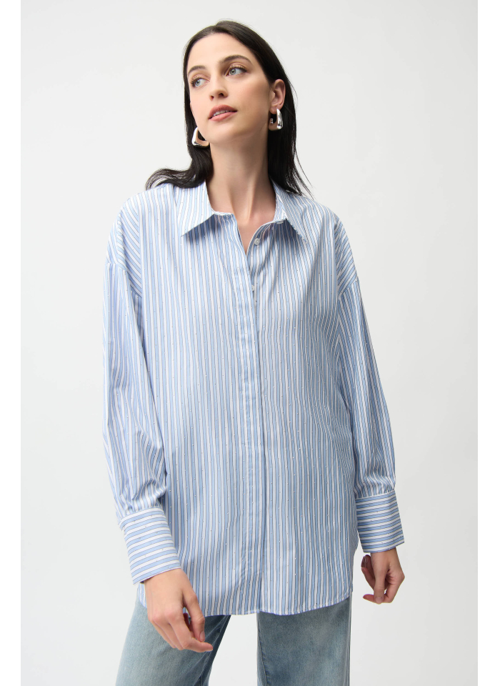 Joseph Ribkoff 261931 Koszula w biało-niebieskie paski zdobiona dżetami