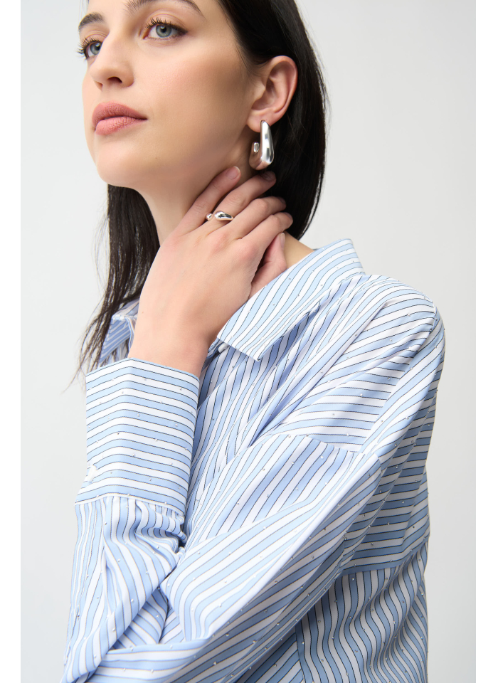 Joseph Ribkoff 261931 Koszula w biało-niebieskie paski zdobiona dżetami