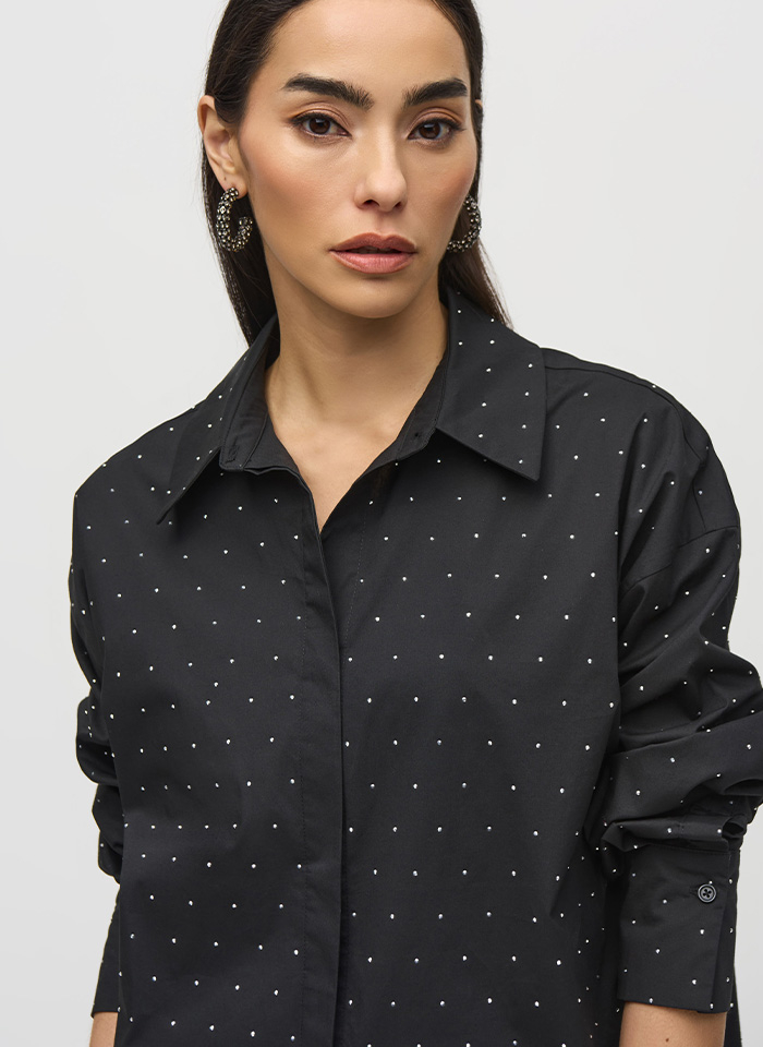 Joseph Ribkoff 244950 Stylowa koszula o luźnym kroju zdobiona cyrkoniami czarna