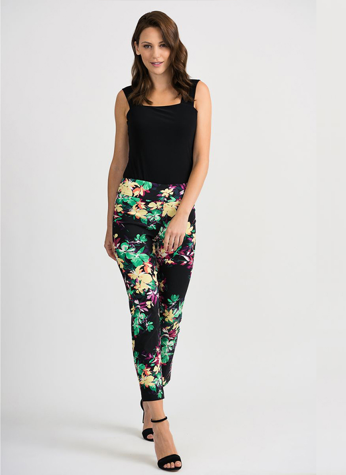 Joseph Ribkoff 201390 Czarne spodnie w kwiecisty wzór.