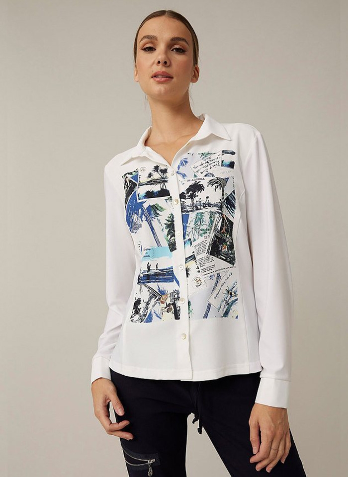 Joseph Ribkoff, Koszulowa bluzka z niebieskim pocztówkowym printem.