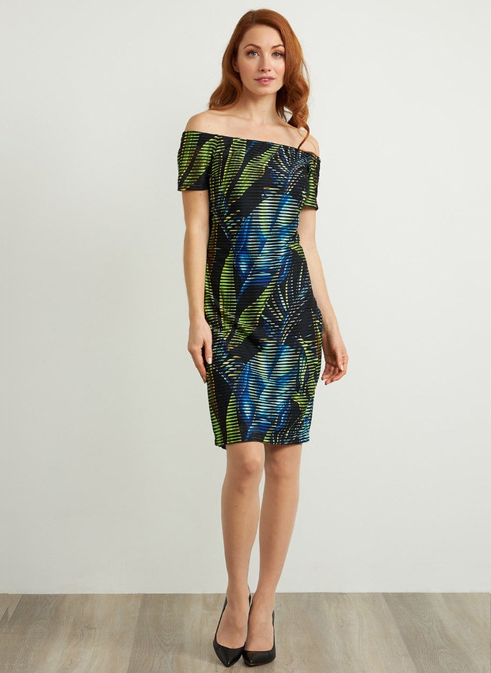 Joseph Ribkoff. Biała sukienka w kolorowy wzór.