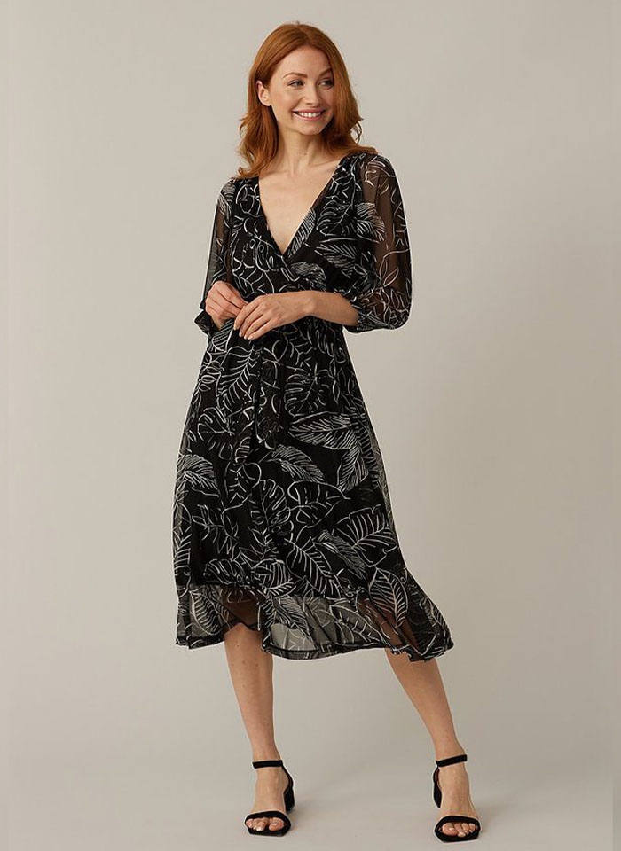 Joseph Ribkoff, Sukienka midi z białym roślinnym motywem.