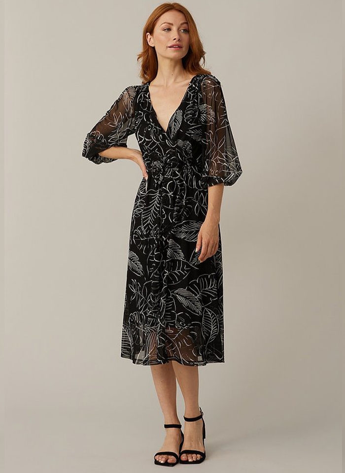 Joseph Ribkoff, Sukienka midi z białym roślinnym motywem.