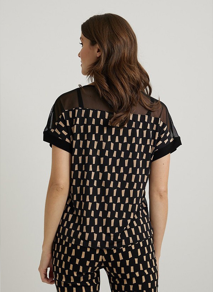 Joseph Ribkoff .Czarna bluzka - siateczka z beżowym printem.