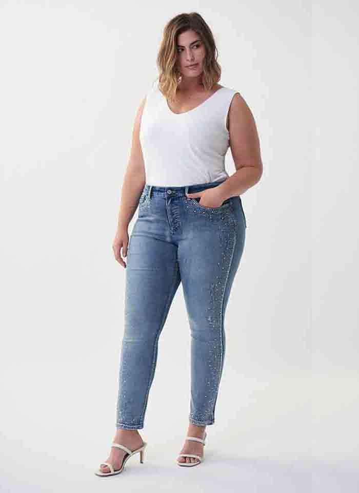 Joseph Ribkoff, Niebieskie spodnie dżinsowe z kamyczkami.
