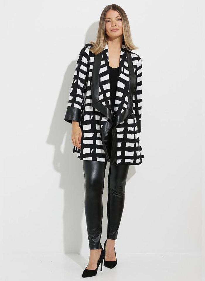 Joseph Ribkoff. Czarny kardigan w biały, geometryczny wzór.