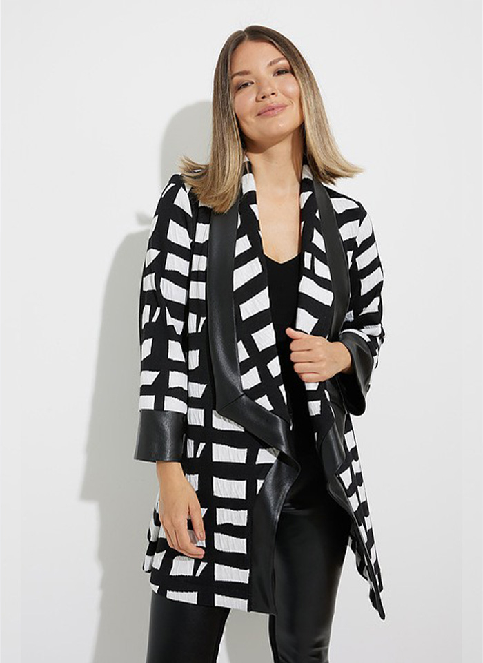 Joseph Ribkoff. Czarny kardigan w biały, geometryczny wzór.