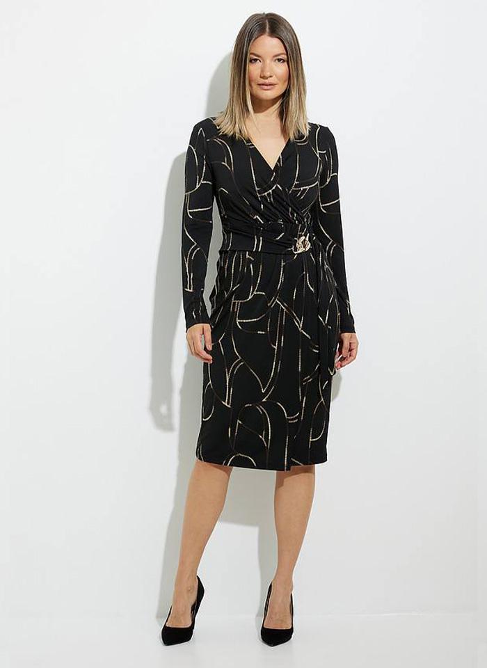 Joseph Ribkoff, Czarna sukienka ze złotym wzorem.