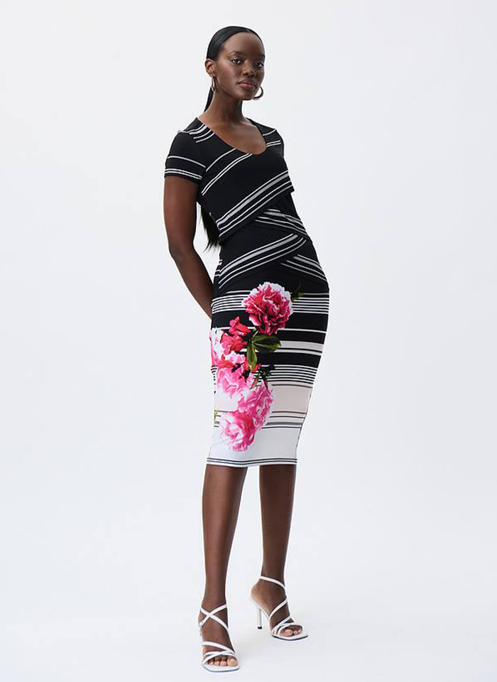 Joseph Ribkoff. Dopasowana sukienka z krótkim rękawem.