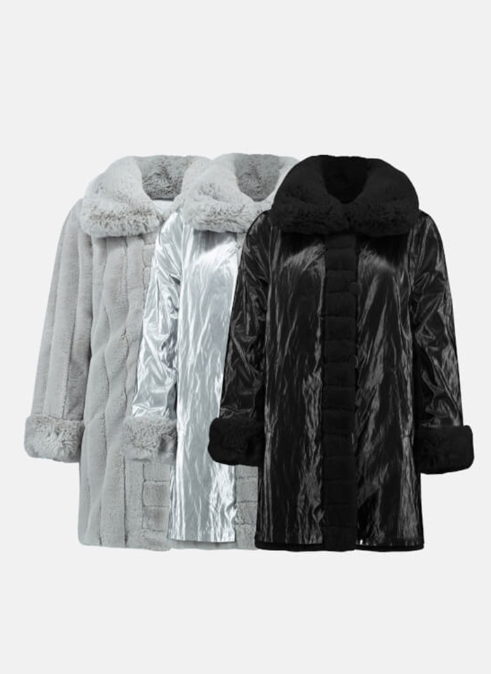 Joseph Ribkoff 233900 Efektowne dwustronne srebrno-szary futerko