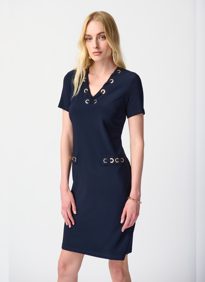 Joseph Ribkoff 241012 Granatowa sukienka ze złotymi elementami 2 kolory