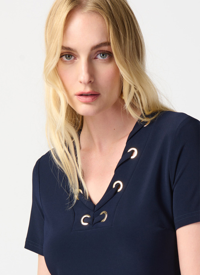 Joseph Ribkoff 241012 Granatowa sukienka ze złotymi elementami 2 kolory