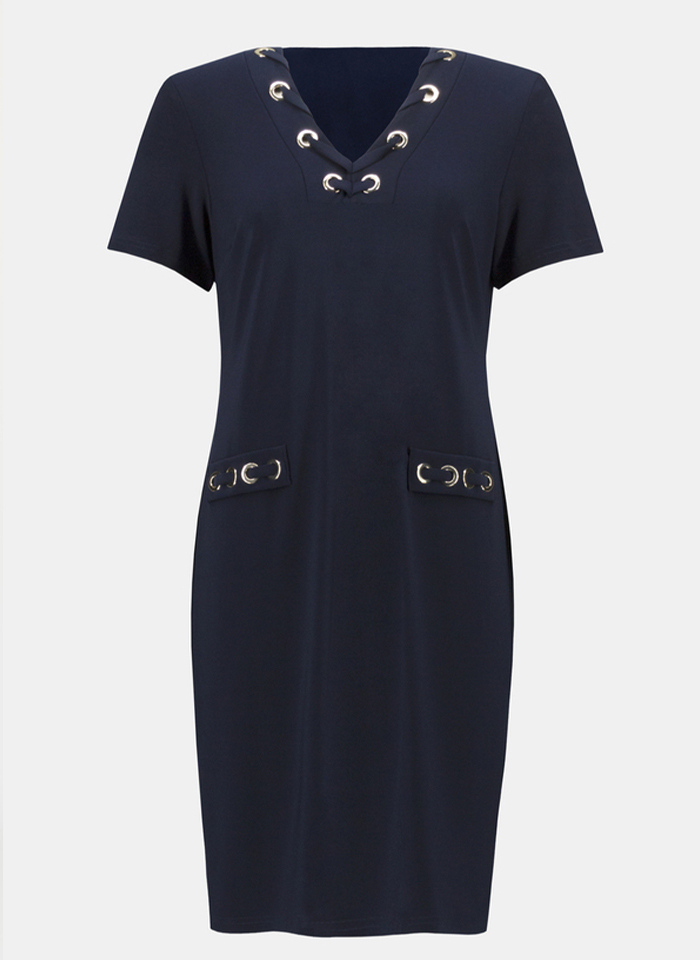 Joseph Ribkoff 241012 Granatowa sukienka ze złotymi elementami 2 kolory